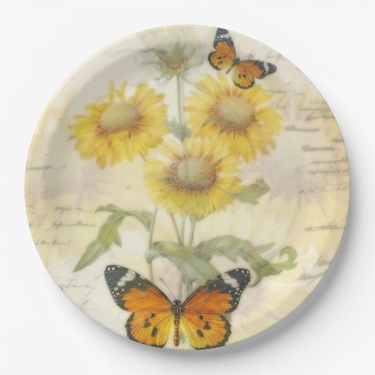 Sonnenblumen und Schmetterling Pappteller (Vorderseite)