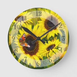 Sonnenblumen und Schmetterling Runde Wanduhr