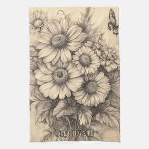 Sonnenblumen und Schmetterling - Rustikales Papier Geschirrtuch