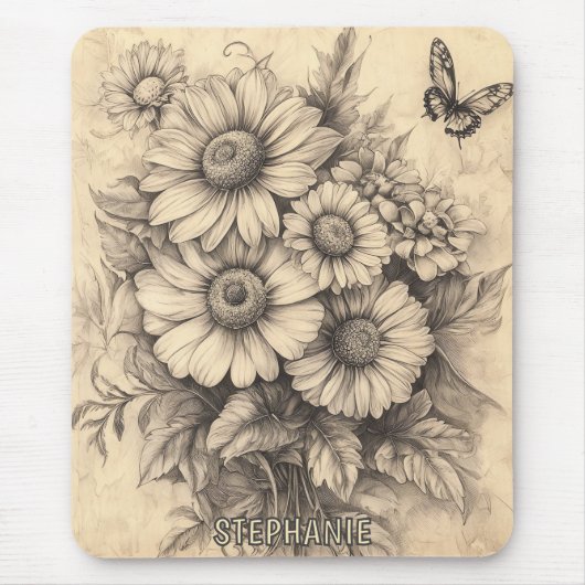 Sonnenblumen und Schmetterling - Rustikales Papier Mousepad (Vorne)