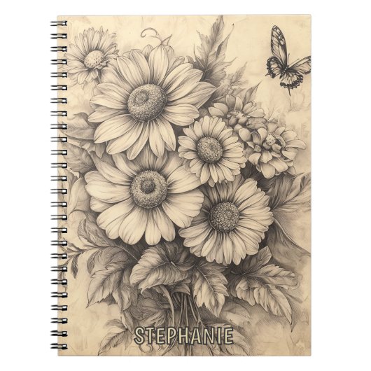 Sonnenblumen und Schmetterling - Rustikales Papier Notizblock (Vorderseite)