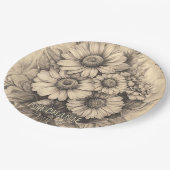 Sonnenblumen und Schmetterling - Rustikales Papier Pappteller (Schrägansicht)