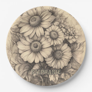Sonnenblumen und Schmetterling - Rustikales Papier Pappteller