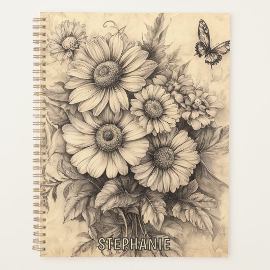Sonnenblumen und Schmetterling - Rustikales Papier Planer (Vorderseite)