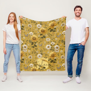 Sonnenblumen und Schmetterlinge auf gelbem Hinterg Fleecedecke