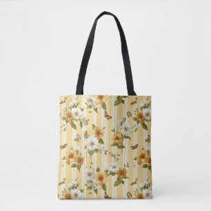 Sonnenblumen und Schmetterlinge auf gelben Streife Tasche