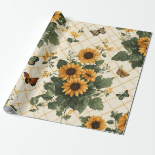 Sonnenblumen und Schmetterlinge auf hellem Gelb Geschenkpapier