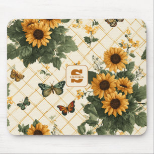 Sonnenblumen und Schmetterlinge auf hellem Gelb Mousepad