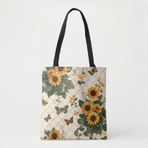Sonnenblumen und Schmetterlinge auf hellem Gelb Tasche