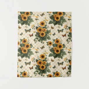 Sonnenblumen und Schmetterlinge auf hellem Gelb Wandteppich