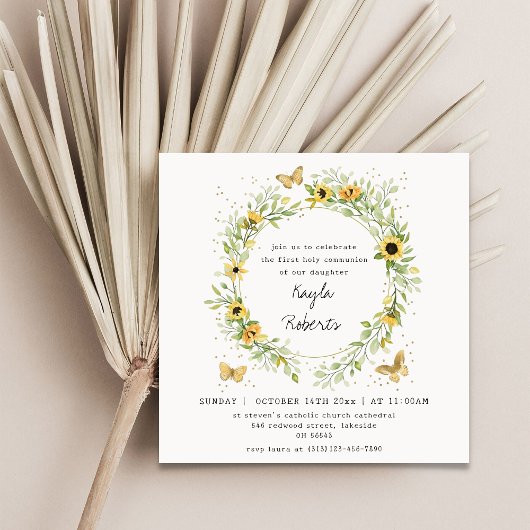Sonnenblumen und Schmetterlinge Erste Heilige Komm Einladung