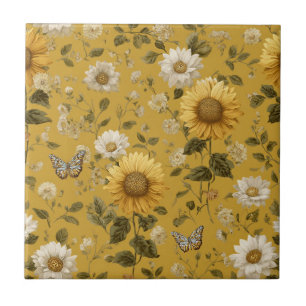 Sonnenblumen und Schmetterlinge im gelben Hintergr Fliese
