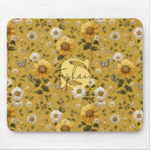 Sonnenblumen und Schmetterlinge im gelben Hintergr Mousepad