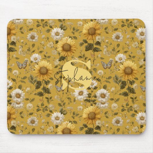 Sonnenblumen und Schmetterlinge im gelben Hintergr Mousepad (Vorne)