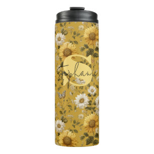Sonnenblumen und Schmetterlinge im gelben Hintergr Thermosbecher