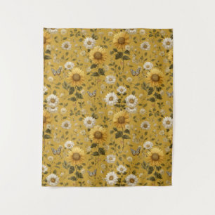 Sonnenblumen und Schmetterlinge im gelben Hintergr Wandteppich