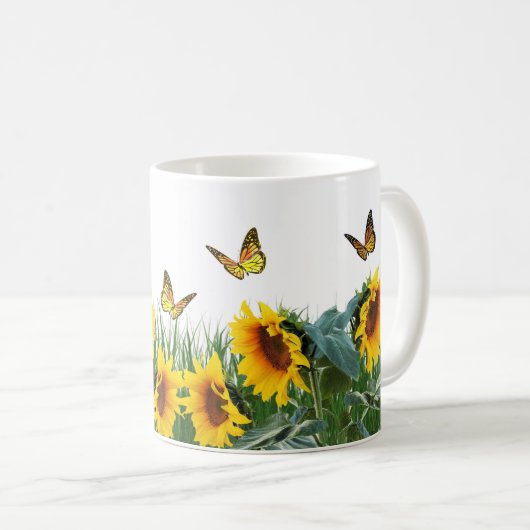 Sonnenblumen und Schmetterlinge Kaffeetasse (VorderseiteRechts)