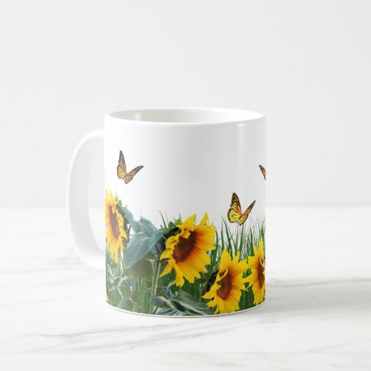 Sonnenblumen und Schmetterlinge Kaffeetasse (Vorderseite Links)