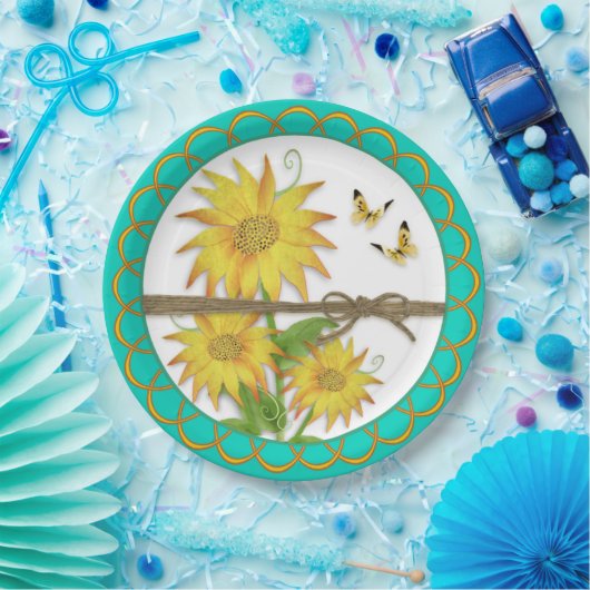 Sonnenblumen und Schmetterlinge Scallope Grenze Pappteller (Party)