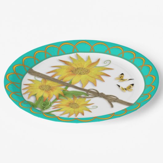 Sonnenblumen und Schmetterlinge Scallope Grenze Pappteller (Schrägansicht)