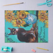 SONNENBLUMEN UND SCHWARZE KATZE AM AQUAMARINEN Mut Seidenpapier (Basteln)