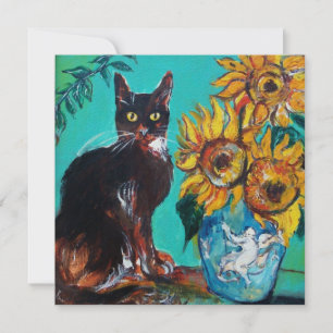 SONNENBLUMEN UND SCHWARZE KATZE IM AQUAMARINEN Par