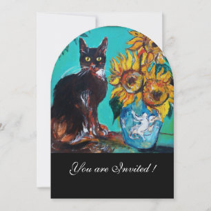 SONNENBLUMEN UND SCHWARZE KATZE IM AQUAMARINEN Par Einladung