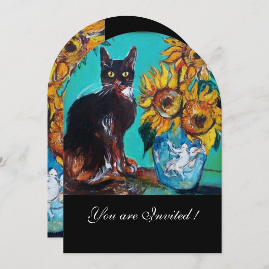 SONNENBLUMEN UND SCHWARZE KATZE IM AQUAMARINEN Par Einladung (Vorne/Hinten)