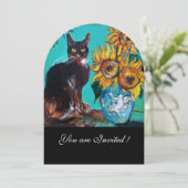 SONNENBLUMEN UND SCHWARZE KATZE IM AQUAMARINEN Par Einladung (Stehend Vorderseite)