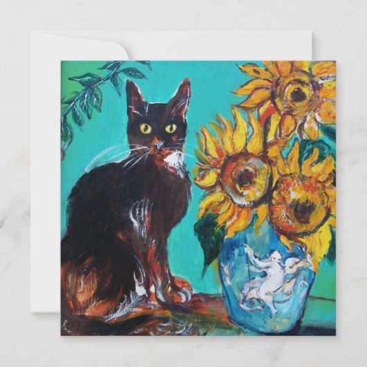 SONNENBLUMEN UND SCHWARZE KATZE IM AQUAMARINEN Par Einladung (Vorderseite)