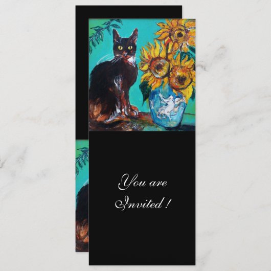 SONNENBLUMEN UND SCHWARZE KATZE IM AQUAMARINEN Par Einladung (Vorne/Hinten)