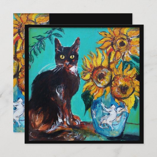 SONNENBLUMEN UND SCHWARZE KATZE IM AQUAMARINEN Par Einladung (Vorne/Hinten)