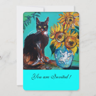 SONNENBLUMEN UND SCHWARZE KATZE IM AQUAMARINEN Par Einladung