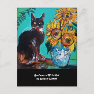 SONNENBLUMEN UND SCHWARZE KATZE IM AQUAMARINEN Par Einladungspostkarte