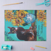 SONNENBLUMEN UND SCHWARZE KATZE IN BLAUE AQUAMARIN SEIDENPAPIER (Basteln)