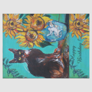 SONNENBLUMEN UND SCHWARZE KATZE IN BLAUE AQUAMARIN SEIDENPAPIER