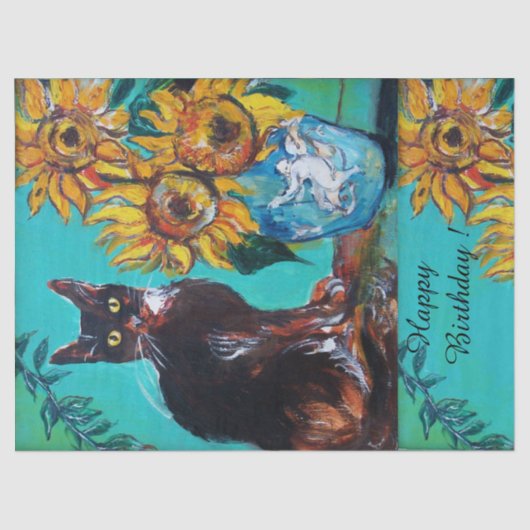 SONNENBLUMEN UND SCHWARZE KATZE IN BLAUE AQUAMARIN SEIDENPAPIER (Vorderseite)
