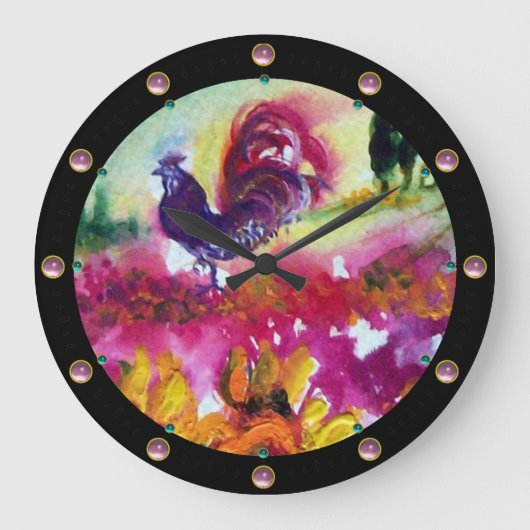 SONNENBLUMEN UND SCHWARZE ROOSTER GROßE WANDUHR (Vorderseite)