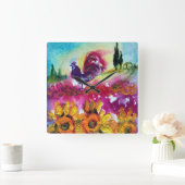 SONNENBLUMEN UND SCHWARZE ROOSTER QUADRATISCHE WANDUHR (Zuhause)