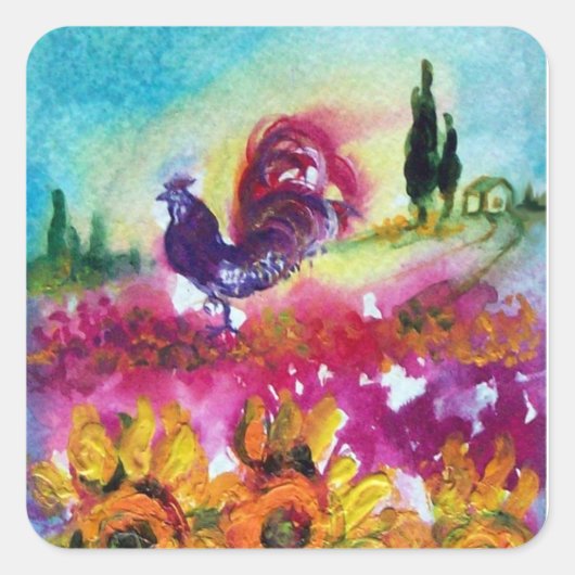 SONNENBLUMEN UND SCHWARZE ROOSTER QUADRATISCHER AUFKLEBER (Vorderseite)
