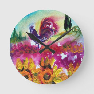 SONNENBLUMEN UND SCHWARZE ROOSTER RUNDE WANDUHR