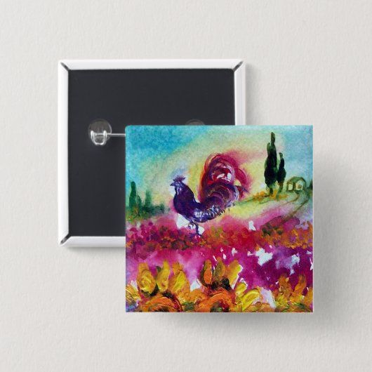 SONNENBLUMEN UND SCHWARZE ROOSTER Toskana Landscha Button (Vorne & Hinten)