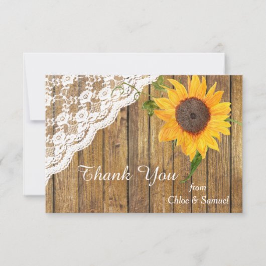 Sonnenblumen und Spitzen auf der Holzhochzeit Viel Dankeskarte (Vorderseite)