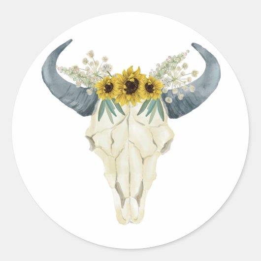 Sonnenblumen und Stickereien für Bullskull Runder Aufkleber (Vorderseite)