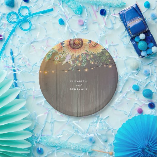 Sonnenblumen und Streichelleuchten Rustikaler Stal Pappteller (Party)