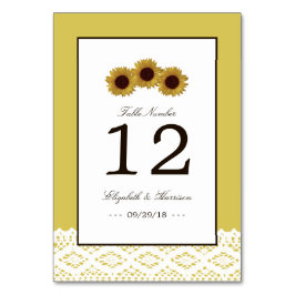 Sonnenblumen und Vintage Spitzen-Hochzeitstisch Nr Tischnummer
