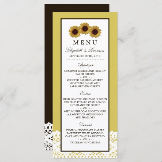 Sonnenblumen und Vintages Hochzeitsmenü Menükarte (Vorne/Hinten)