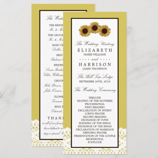 Sonnenblumen und Vintages Hochzeitsprogramm Programm (Vorne/Hinten)