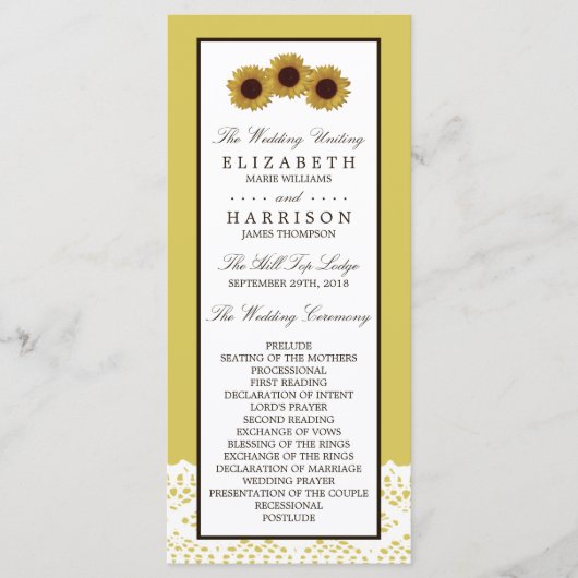 Sonnenblumen und Vintages Hochzeitsprogramm Programm (Vorderseite)