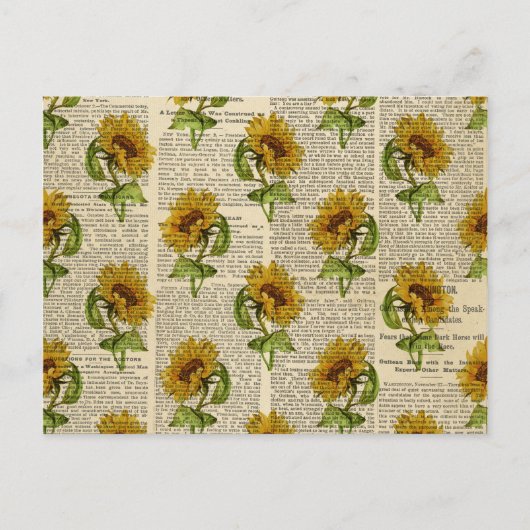 Sonnenblumen und Vintages Newsprint Postkarte (Vorderseite)